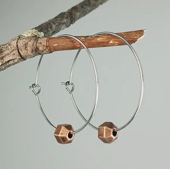 HAND CRAFTED Stainless Steel Copper Minimalist Modern Mixed Metal Hoop Earrings - Picture 2 of 5